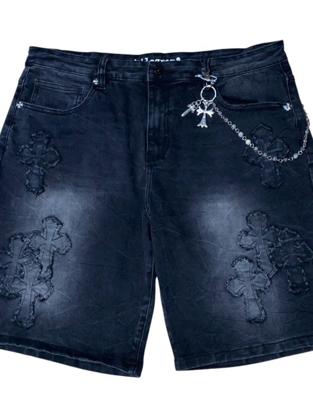 Kilogram Bermuda Denim Shorts Mens Size 36 Distressed Cross Embroidery Chain (F)